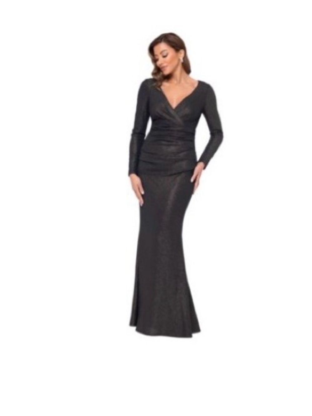 Xscape Olive Shimmer Long-Sleeve V-Neck Evening Gown